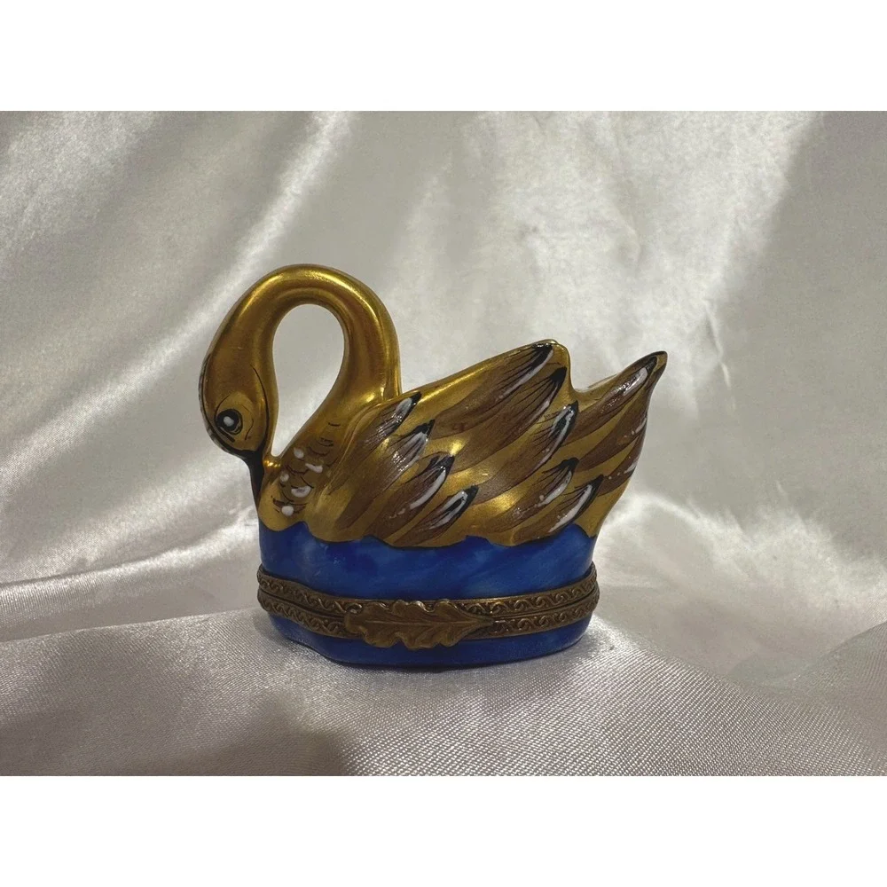 Vintage France Limoges Trinket Box Chamart exclusive Porcelain Golden Swan